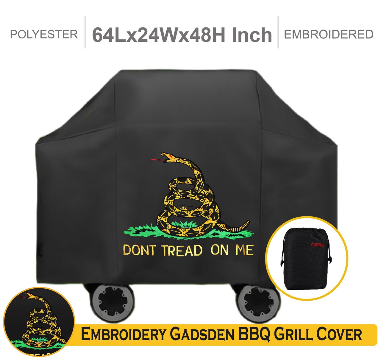 G128 Don't Tread On Me Gadsden Grill Cover | 64 inch | Gas Grill Cover Waterproof, UV Resistant BBQ Grill Cover, Fits Most Brands of Grills